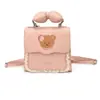 Bolsa infantil com acabamento de renda doce e laço, urso bordado em desenho animado, pequena mochila para crianças pequenas do jardim de infância