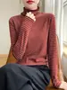 Camiseta base de cuello alto con bloques de color para mujer, suave y amigable con la piel, adelgazante, versátil para ir al trabajo, top de punto de manga larga