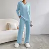 Conjunto de Dos Piezas Transfronterizo para Mujer, Nueva Moda Otoño 2026, Casual, Pantalones Rectos, Elegante Conjunto de Punto Acanalado Holgado con Cuello en V