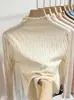 Camiseta de punto para mujer con cuello medio alto, modelo otoño e invierno 2026, color albaricoque, manga larga, top básico ajustado
