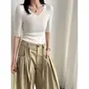 Luxi Suave y Amigable con la Piel Lana Estilo Suave Suéter de Punto con Cuello en V para Mujer Primavera 2026 Ajuste Delgado Camiseta de Manga Corta Ss1007