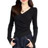Shun Velvet V-neck Top Feminino Outono e Inverno 2024 Nova Camiseta de Manga Comprida Pure Slim-fit Slimming Camisa de Base de Ombro Quente