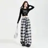 En nombre de encaje de color al por mayor cintura doble cuadros blanco y negro pantalones casuales para mujer primavera cordón cintura alta holgados