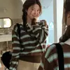 Suéter Feminino Manga Longa Gola Listrada Color Block Estilo Coreano Cor Café Tamanho Único Cinza Claro
