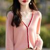 Cardigan de Tricô Gola V Liso de Lã Pura Outono/Inverno 2025 Manga Longa Feminino Combinação de Cores Design Solto e Versátil Top