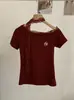 Camiseta Slimming Omalai Manga Curta Patchwork Bordado de Letras com Gola Assimétrica e Renda Estilo Coreano Primavera/Verão Top 6704