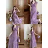 Vestido Largo Floral Morado Estilo Francés Talla Plus con Mangas Cortas Volantes, Encaje, Efecto Adelgazante, Elegante y Atmosférico para Mujer