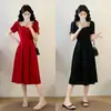 Elegante Vestido de Encaje Plisado Patchwork con Mangas Abullonadas para Mujer, Verano Talla Extra Línea A de Longitud Media con Diseño de Cintura Ceñida