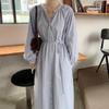 Corea del Sur 2024 otoño versátil simple manga linterna largo abotonadura sencilla con cordones cintura adelgazante manga larga vestido mujer