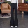Calça jeans boca de sino marrom para mulheres, novo estilo 2026, popular para primavera/outono, cintura alta, casual, estilo equitação, comprimento total