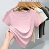 Camiseta de Manga Corta con Cuello Redondo y Canalé de Color Sólido de Alta Calidad para Mujer, Sencilla y Versátil, Corte Ajustado, Elástica, Nuevo Top de Verano
