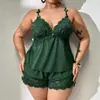 Ropa Interior Camisola Estilo Europeo y Americano de Comercio Exterior, Tallas Grandes, Sexy Escote en V Profundo Encaje Patchwork Satín Bata de Noche, Conjunto de Ropa de Estar por Casa Pura Pasión para Mujeres Tallas Grandes