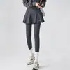 Leggings para mulheres usar ao ar livre na primavera e no verão, calças de yoga, controle de barriga, calças saia justas, falso conjunto de duas peças, esportes fitness, tênis, minissaia plissada