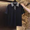 2026 Verão Nova Moda Tendência Marca Retrô Cor Contrastante Gola Lapela Manga Curta Camisa Polo Masculina Solta Meio Zíper Top