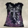 Camiseta Feminina de Manga Curta Verão 2026 com Estampa de Padrão Gótico e Strass Slim Fit Ins Atacado Transfronteiriço