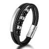 Pulseira Masculina Europeia e Americana de Corda de Couro Trançada Multicamadas Pedra Natural Liga Fivela Magnética Pulseira de Moda Retrô Joia Transfronteiriça