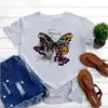 Comércio Exterior Feminino Europeu e Americano Top Feminino Tamanho Grande Estampado de Borboleta Gola Redonda Manga Curta Camiseta para Verão