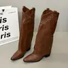 Botas Jeans Retrô de Salto Alto 2026 Botas Longas Salto Bloco Botas da Moda Botas para Mulheres Botas de Cavaleiro Novo Estilo Velho Oeste Americano