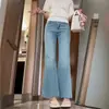 Pantalones Acampanados para Mujer, Estilo Delgado de Verano, Tallas Grandes, Petite, Jeans con Ribete de Encaje, Ajuste No Ceñido, Pantalones Acampanados Rectos Cortos