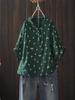 Camisa de punto artística estilo japonés con cuello en V, estampado floral, manga de tres cuartos para mujer, top casual de algodón de doble capa para verano