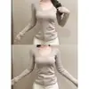 Suéter Tejido de Cuello en U Chica Caliente Deseo Puro Otoño Invierno Canalé Ajustado Delgado Adelgazante Suéter Capa Base Sexy Manga Larga para Mujer