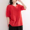 Camisa Bordada de Algodão e Linho Estilo Novo Verão 2023 Feminina Artística Solta Pulôver Punho Curto Bordado Botão Decote V Tamanho Grande Camiseta