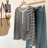 26 Verano Nuevo Estilo Coreano Casual Cuello Redondo Rayada Tejida Lyocell Lino Manga Larga Protección Solar Blusa para Mujer