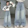 Jeans de Mezclilla para Niñas, Nuevos Pantalones Rectos para Primavera y Otoño 2026 con Estampado de Corazones Pequeños, Pantalones de Pierna Ancha