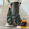 Z1309 Calça Reta Solta de Cashmere Inteiriça para Meninos Yang Inicial Forrada com Lã Inverno Calças Casuais para Crianças de Tamanho Médio e Grande Barra de Calça Tendência