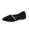 Sapatos Rasos de Bico Fino para Mulheres 2026 Nova Coleção Primavera/Verão Estilo Francês Boca Rasa Sapatos de Pérola Vovó Sola Macia Pretos Mocassins de Trabalho