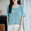 Top de punto para mujer de manga corta, cuello redondo, borde enrollado, con lentejuelas y adornos de lentejuelas, suave y transpirable, holgado y delicado, top de verano para mujer
