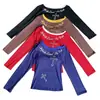 678 # Camiseta sexy de manga larga con hombros descubiertos estilo americano para mujer, diseño de otoño, corte ajustado, con bloques de color, top corto