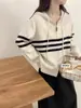 Otoño e Invierno Nuevo Cárdigan de Lana con Capucha a Rayas Holgado y a la Moda Estilo Coreano para Mujer Versátil Casual con Cremallera Chaqueta Suéter