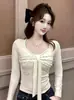 Tecido de Viscose Escovado Estilo Francês Elegante Laço de Strass Ajuste ao Corpo Cintura Marcada Camiseta para Mulheres, Novo Top de Manga Longa para Outono e Inverno para Usar em Camadas