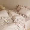 Juego de Cuatro Piezas de Algodón Lino Waffle Francés con Volantes de Encaje Funda Nórdica 100% Algodón Lino Ropa de Cama Femenina Apta para la Piel