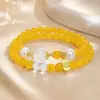 Pulsera Doble Círculo de Ágata Amarilla, Estilo Amuleto de la Fortuna Luna Blanca, Diseño Nicho Estilo Chino, Regalo para Mejor Amiga, Regalo para Mamá