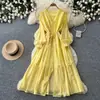 Vestido vintage de alta gama estilo francés para mujer, con escote en V, patchwork de encaje, manga larga, con cinturón de corbata, vestido de hada adelgazante para otoño