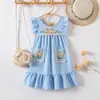 Vestido de menina manga sino 2025 e-commerce transfronteiriço bordado renda bolso pequeno vestido de férias na praia geração