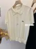Estilo Coreano Solapa Pequeña Patrón de Cáñamo Bordado Lazo Manga Corta 5 Prendas de Punto de Lana Jersey Tejido Fino