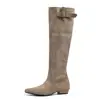 Primer Encuentro Botas Apiladas Nuevas Retro de Temporada para Mujer Estilo Francés Tacón Alto Ante Caqui Botas Largas
