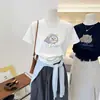 Camiseta de Algodão Manga Curta Estilo Coreano com Estampa de Gato Desenho Animado para Mulheres, Verão, Caimento Solto, Gola Redonda que Rejuvenesce, Camiseta Básica