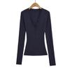7660-25 Nuevo Estilo Otoño Estilo Coreano Chica Estilo Pura Pasión Cómodo Tencel Sexy Cuello en V Profundo Abotonada Manga Larga Camiseta