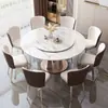 Mesa de comedor y sillas de lujo ligero con tablero de piedra brillante, juego de comedor moderno y minimalista de estilo italiano para uso doméstico, con bandeja giratoria y tablero redondo de piedra