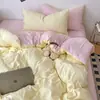 Conjunto de Roupa de Cama de Algodão Lavável de Quatro Peças, Capa de Edredom Bicolor Lisa Estilo Ins, Lençol de Cama, Capa de Colcha, Conjunto de Três Peças para Dormitório de Estudante, Lavável à Máquina