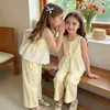 Conjunto de Colete de Renda para Meninas Verão 2026, Calça de Perna Larga Macia e Respirável de Algodão, Conjunto Casual de Duas Peças Estilo Suave para Meninas