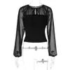 Comercio Exterior Europeo y Americano Ropa de Mujer Verano Nuevo Color Sólido Manga Larga Malla Patchwork Cintura Ceñida Adelgazante Moda Temperamento Top Camiseta