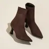 Botines de tacón alto de punta estilo coreano para mujer, botas de invierno marrones elásticas ajustadas, botas de moda para ir al trabajo, gamuza, elegantes