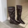 Botas de equitación altas de moda coreana simples de 5 cm, nuevas para otoño e invierno 2026, de punta redonda, suela plana, hasta la rodilla, para mujer