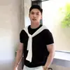 Camiseta de Punto de Manga Corta para Hombre, Rayas Simples, Falso Dos Piezas, Estilo Old Money, Seda de Hielo, Transpirable, Verano, Venta al por Mayor de Fábrica Transfronteriza