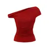 Camiseta Elegante Estilo Irmã Sal Leve com Nó Torcido em Um Ombro e Manga Curta Levemente Franzida Slim Fit para Mulheres, Novo Top Elegante de Manga Curta Assimétrico Fora do Ombro para o Verão